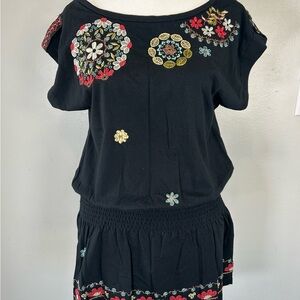 Black Embroidered Floral Boho Tunic Top